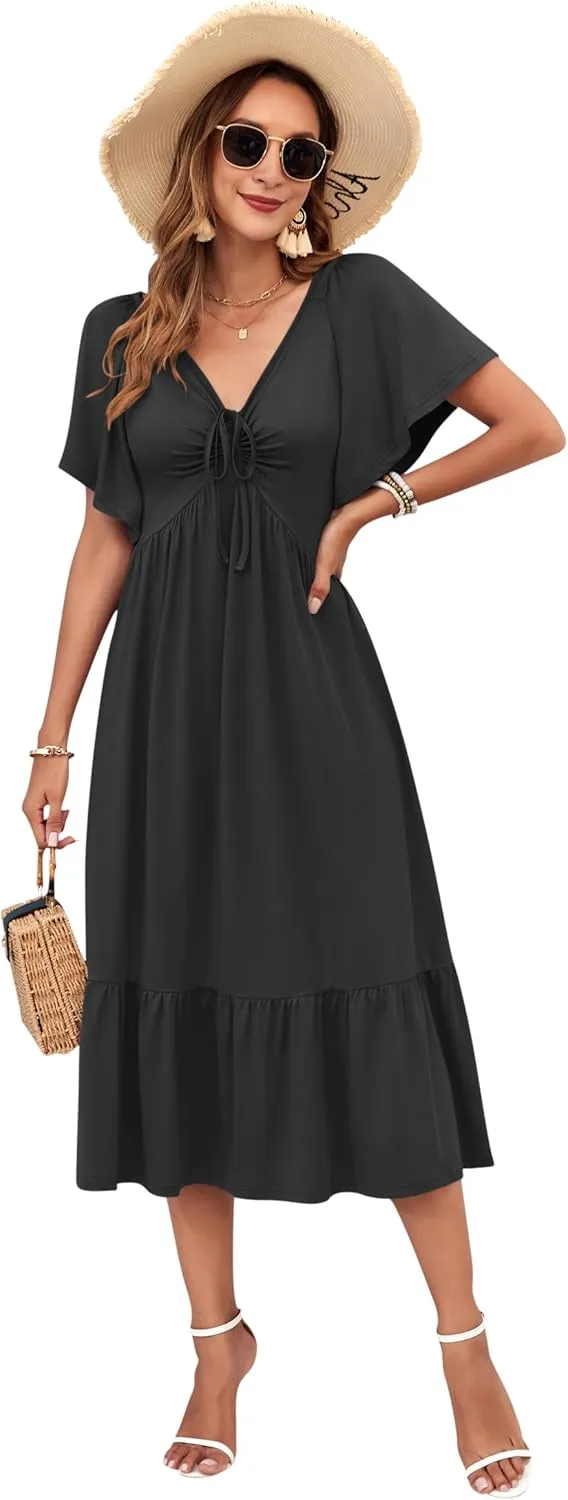 AUSELILY Women's 2025 New Summer Empire Waist Dress Drawstring Pleating Flutter Short Sleeve V Neck Midi Dresses