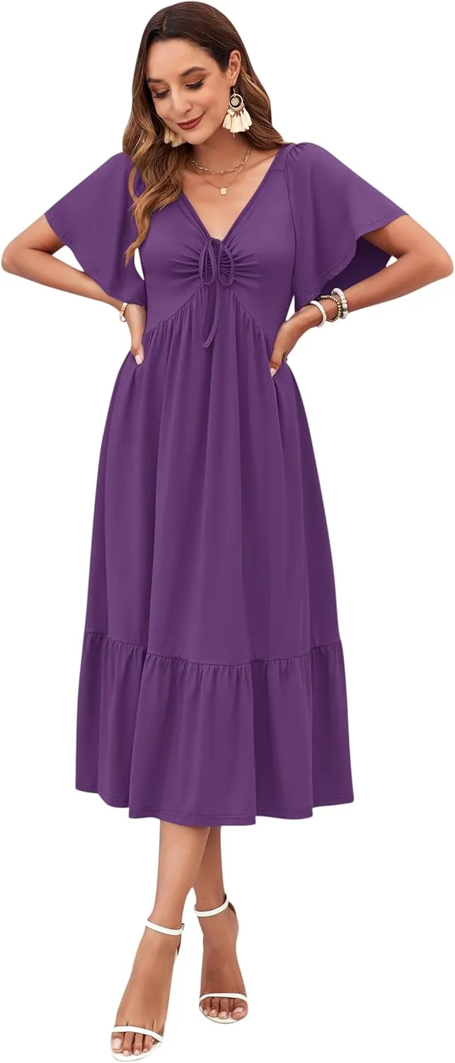 AUSELILY Women's 2025 New Summer Empire Waist Dress Drawstring Pleating Flutter Short Sleeve V Neck Midi Dresses