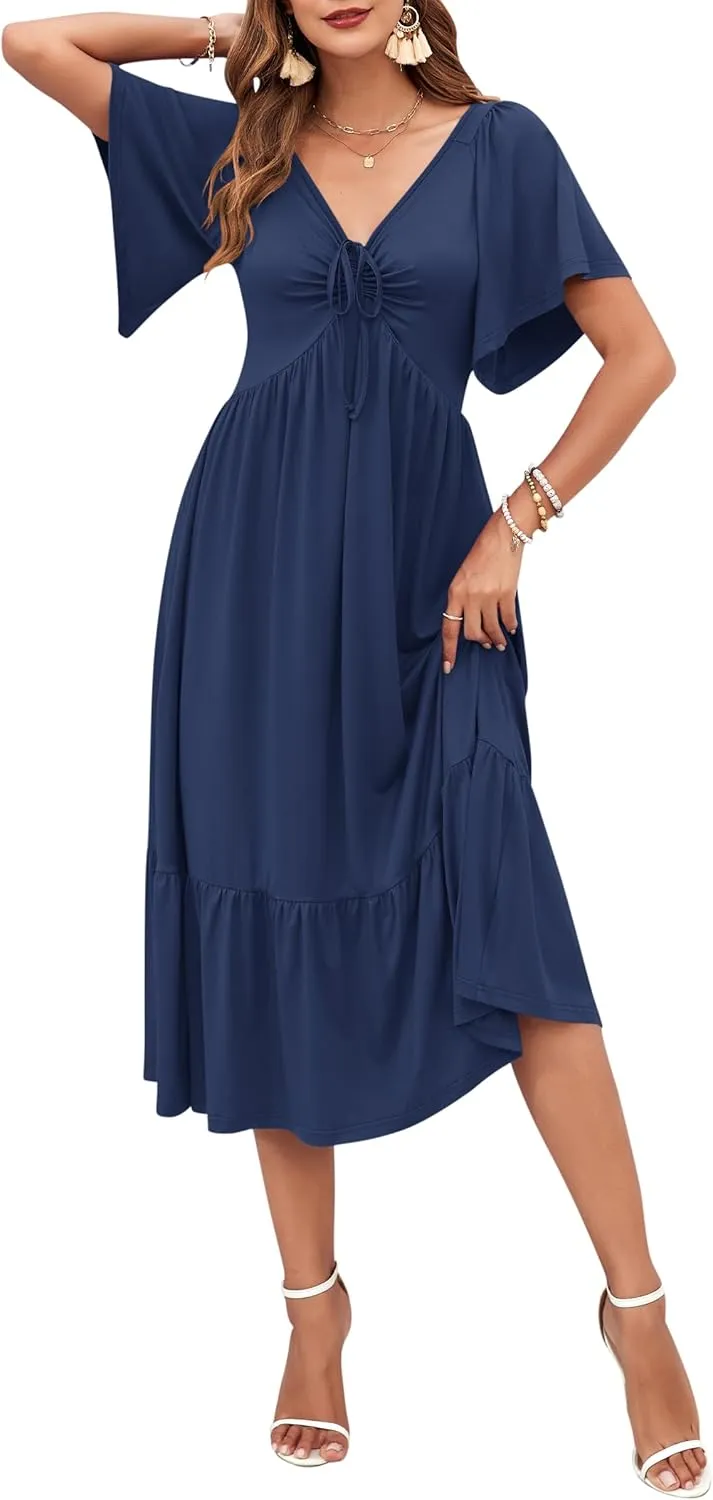 AUSELILY Women's 2025 New Summer Empire Waist Dress Drawstring Pleating Flutter Short Sleeve V Neck Midi Dresses