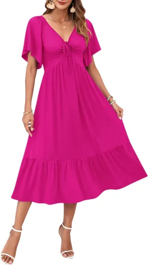 AUSELILY Women's 2025 New Summer Empire Waist Dress Drawstring Pleating Flutter Short Sleeve V Neck Midi Dresses