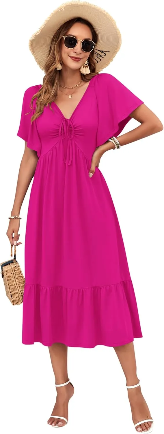AUSELILY Women's 2025 New Summer Empire Waist Dress Drawstring Pleating Flutter Short Sleeve V Neck Midi Dresses