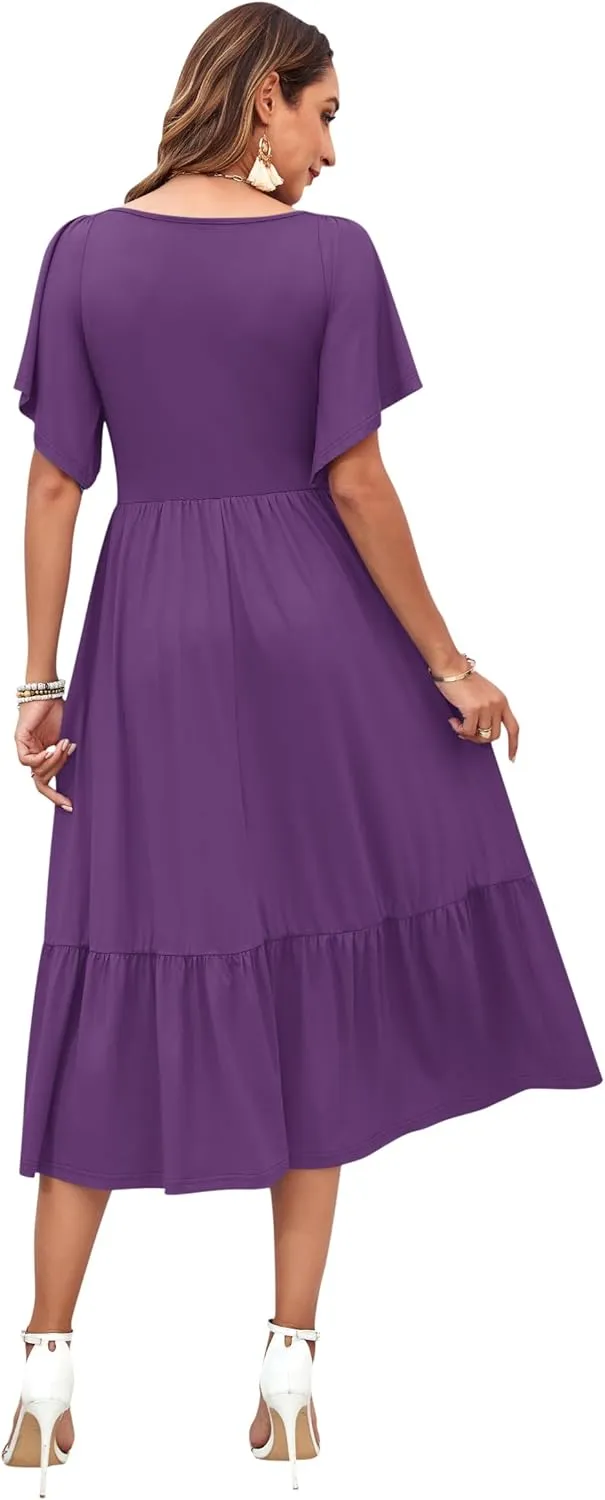 AUSELILY Women's 2025 New Summer Empire Waist Dress Drawstring Pleating Flutter Short Sleeve V Neck Midi Dresses