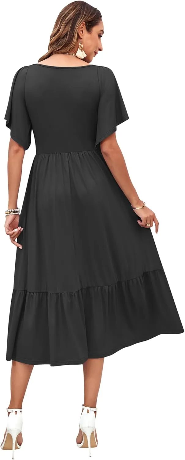 AUSELILY Women's 2025 New Summer Empire Waist Dress Drawstring Pleating Flutter Short Sleeve V Neck Midi Dresses