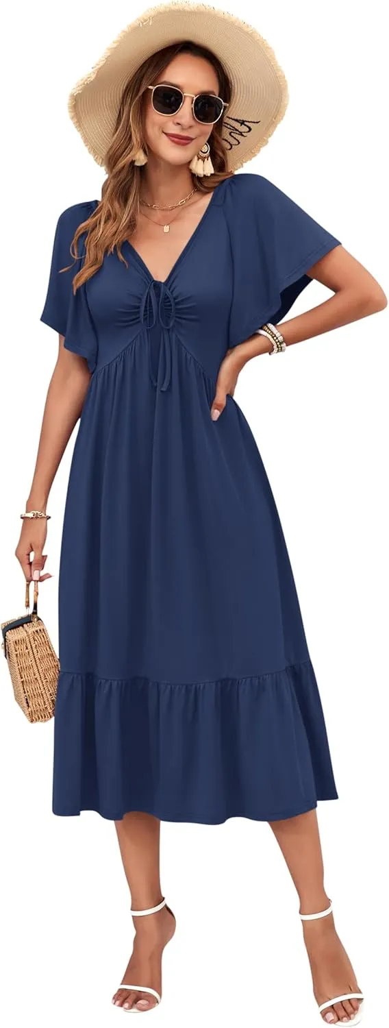 AUSELILY Women's 2025 New Summer Empire Waist Dress Drawstring Pleating Flutter Short Sleeve V Neck Midi Dresses