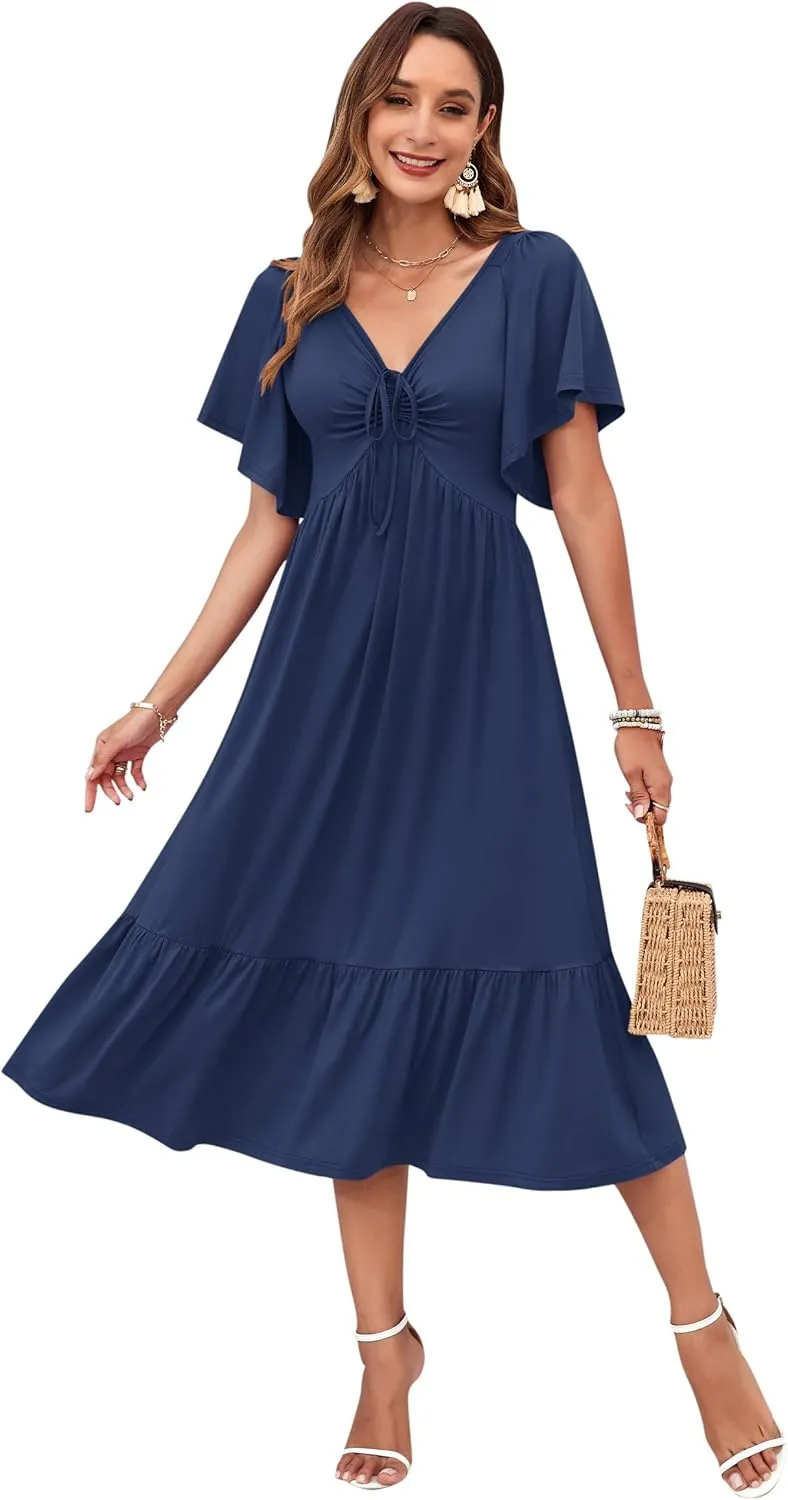 AUSELILY Women's 2025 New Summer Empire Waist Dress Drawstring Pleating Flutter Short Sleeve V Neck Midi Dresses