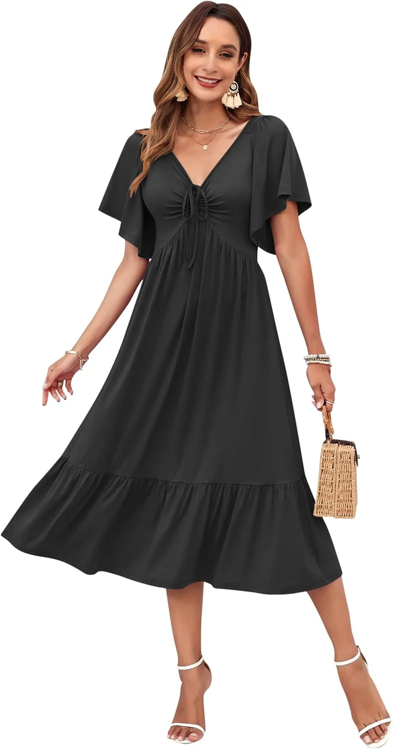 AUSELILY Women's 2025 New Summer Empire Waist Dress Drawstring Pleating Flutter Short Sleeve V Neck Midi Dresses
