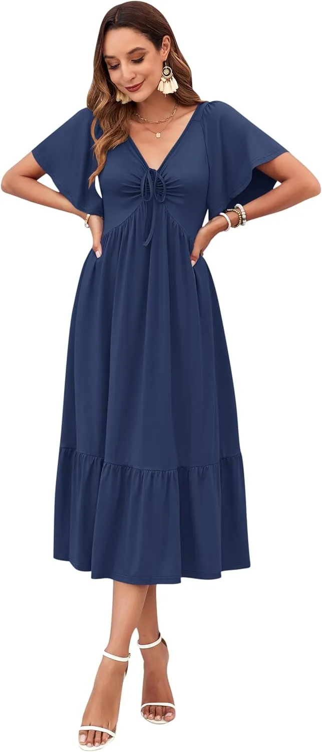 AUSELILY Women's 2025 New Summer Empire Waist Dress Drawstring Pleating Flutter Short Sleeve V Neck Midi Dresses