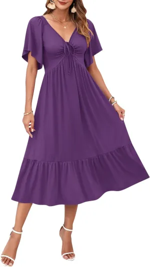 AUSELILY Women's 2025 New Summer Empire Waist Dress Drawstring Pleating Flutter Short Sleeve V Neck Midi Dresses