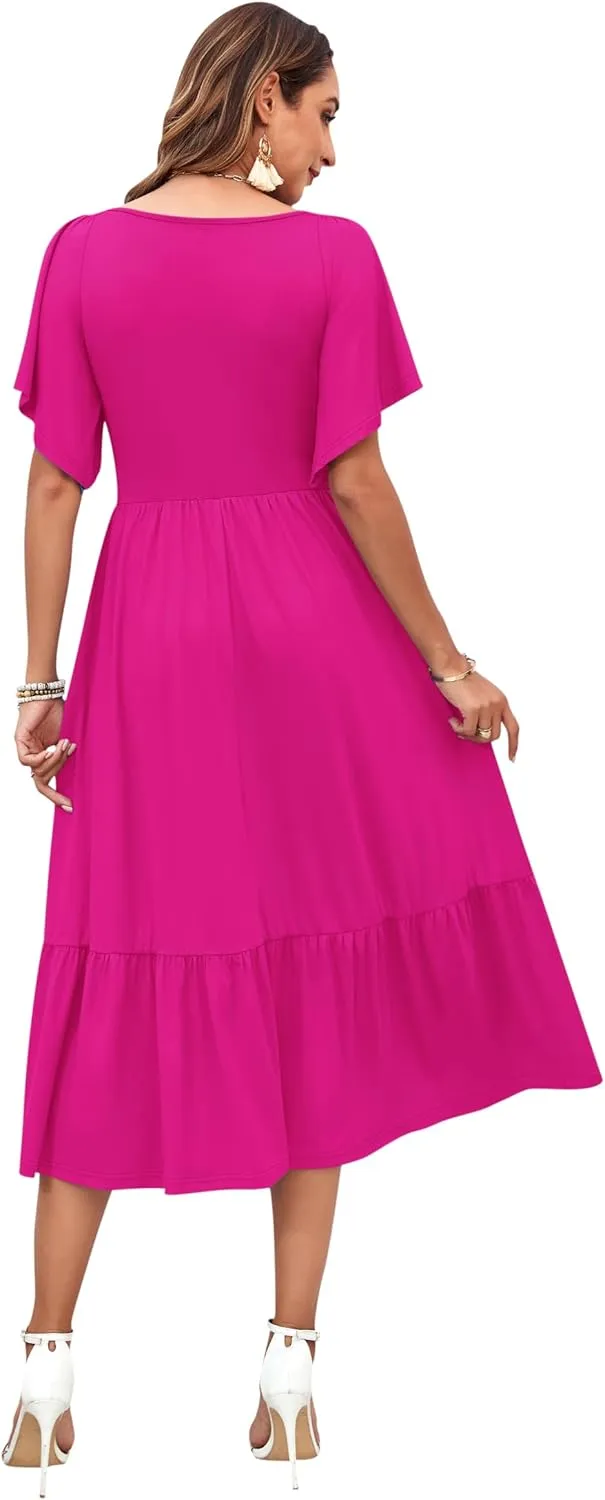 AUSELILY Women's 2025 New Summer Empire Waist Dress Drawstring Pleating Flutter Short Sleeve V Neck Midi Dresses