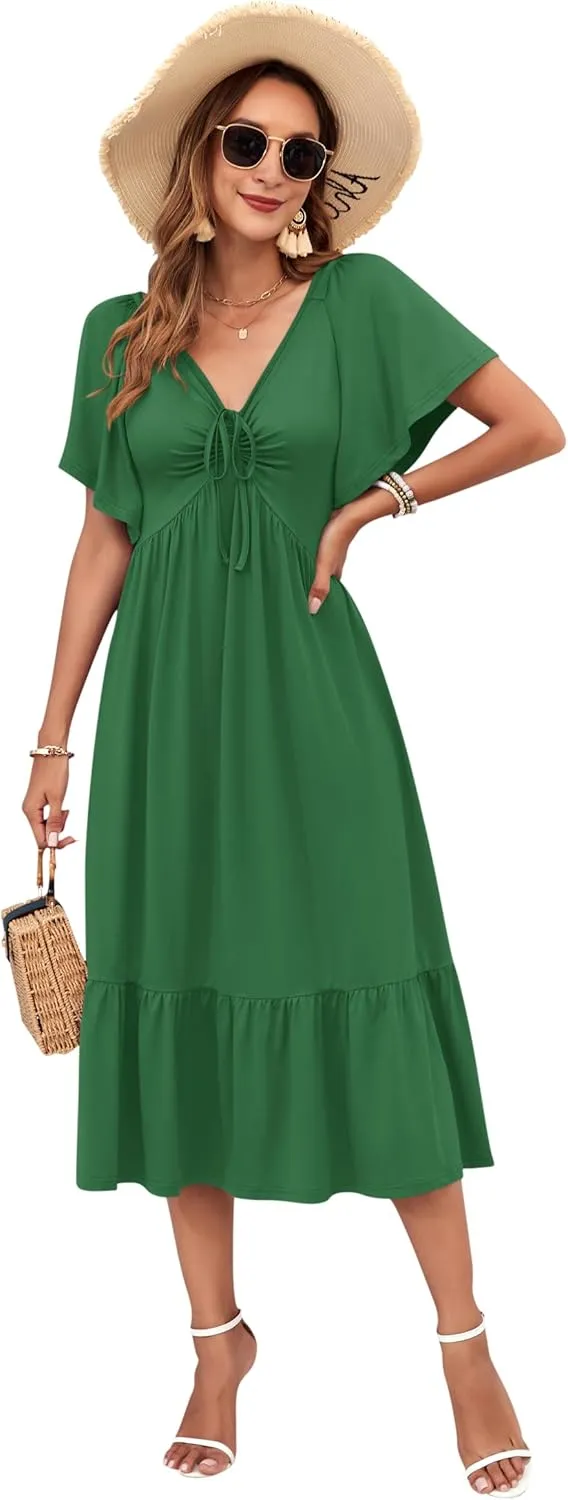 AUSELILY Women's 2025 New Summer Empire Waist Dress Drawstring Pleating Flutter Short Sleeve V Neck Midi Dresses