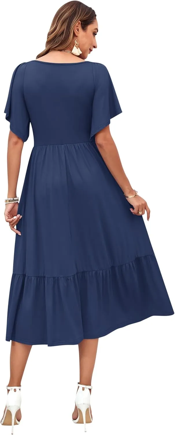 AUSELILY Women's 2025 New Summer Empire Waist Dress Drawstring Pleating Flutter Short Sleeve V Neck Midi Dresses