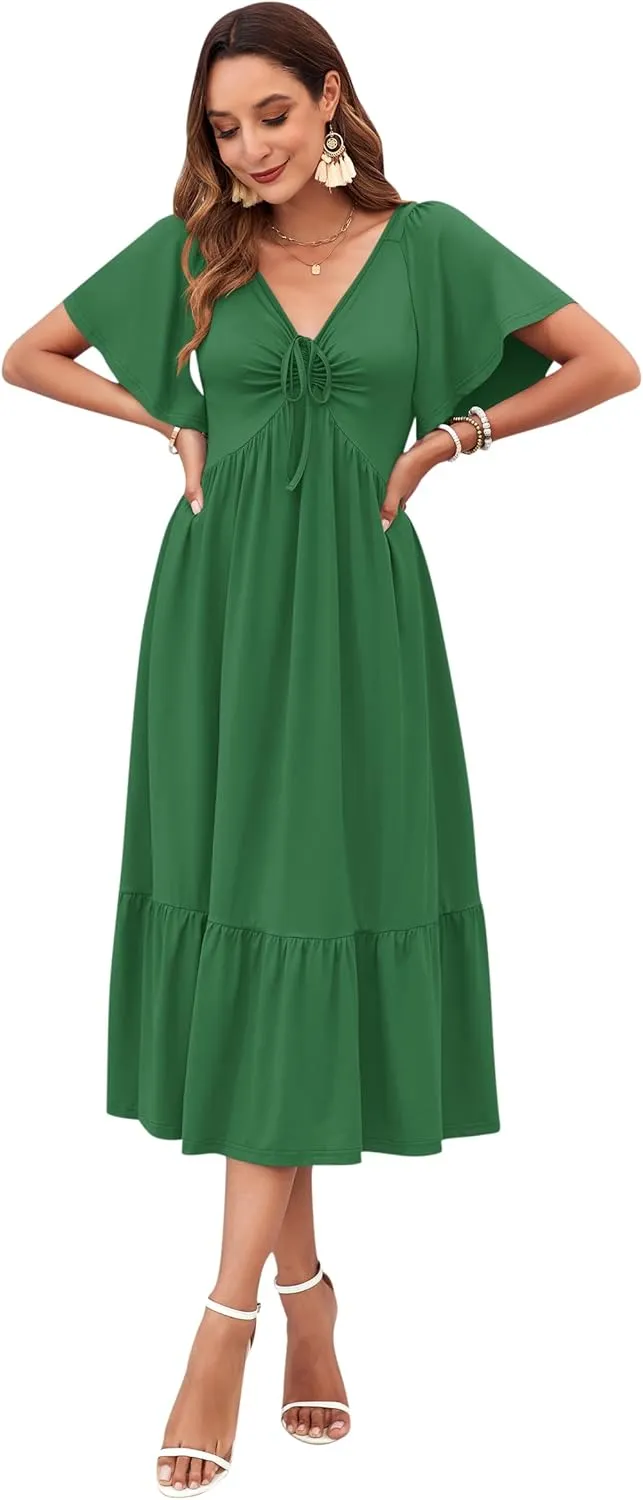 AUSELILY Women's 2025 New Summer Empire Waist Dress Drawstring Pleating Flutter Short Sleeve V Neck Midi Dresses