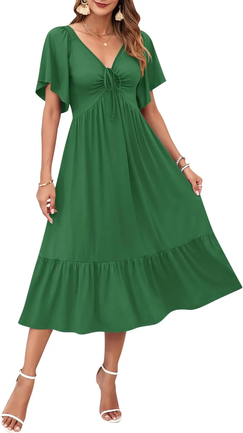 AUSELILY Women's 2025 New Summer Empire Waist Dress Drawstring Pleating Flutter Short Sleeve V Neck Midi Dresses