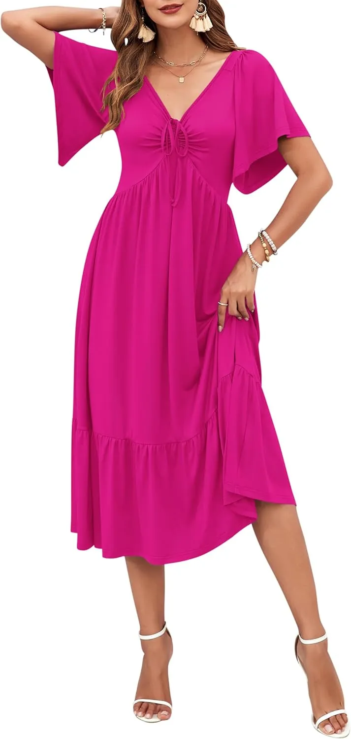 AUSELILY Women's 2025 New Summer Empire Waist Dress Drawstring Pleating Flutter Short Sleeve V Neck Midi Dresses