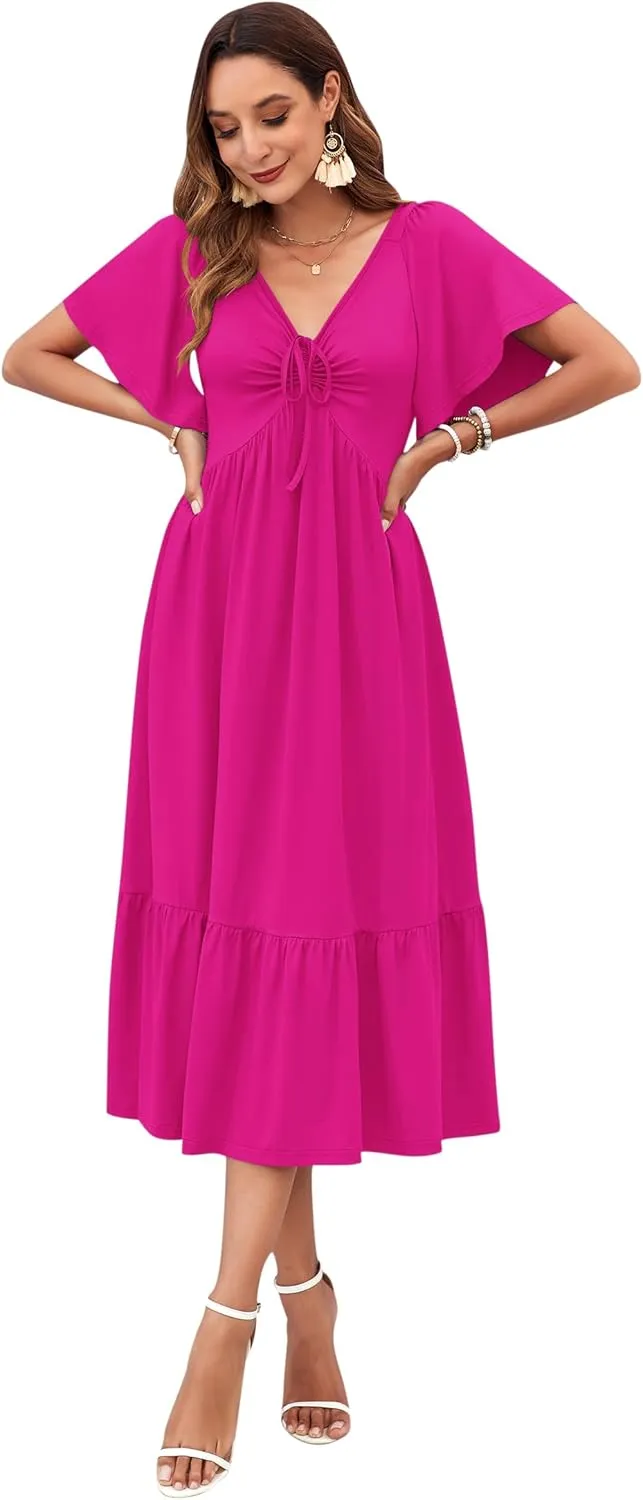 AUSELILY Women's 2025 New Summer Empire Waist Dress Drawstring Pleating Flutter Short Sleeve V Neck Midi Dresses