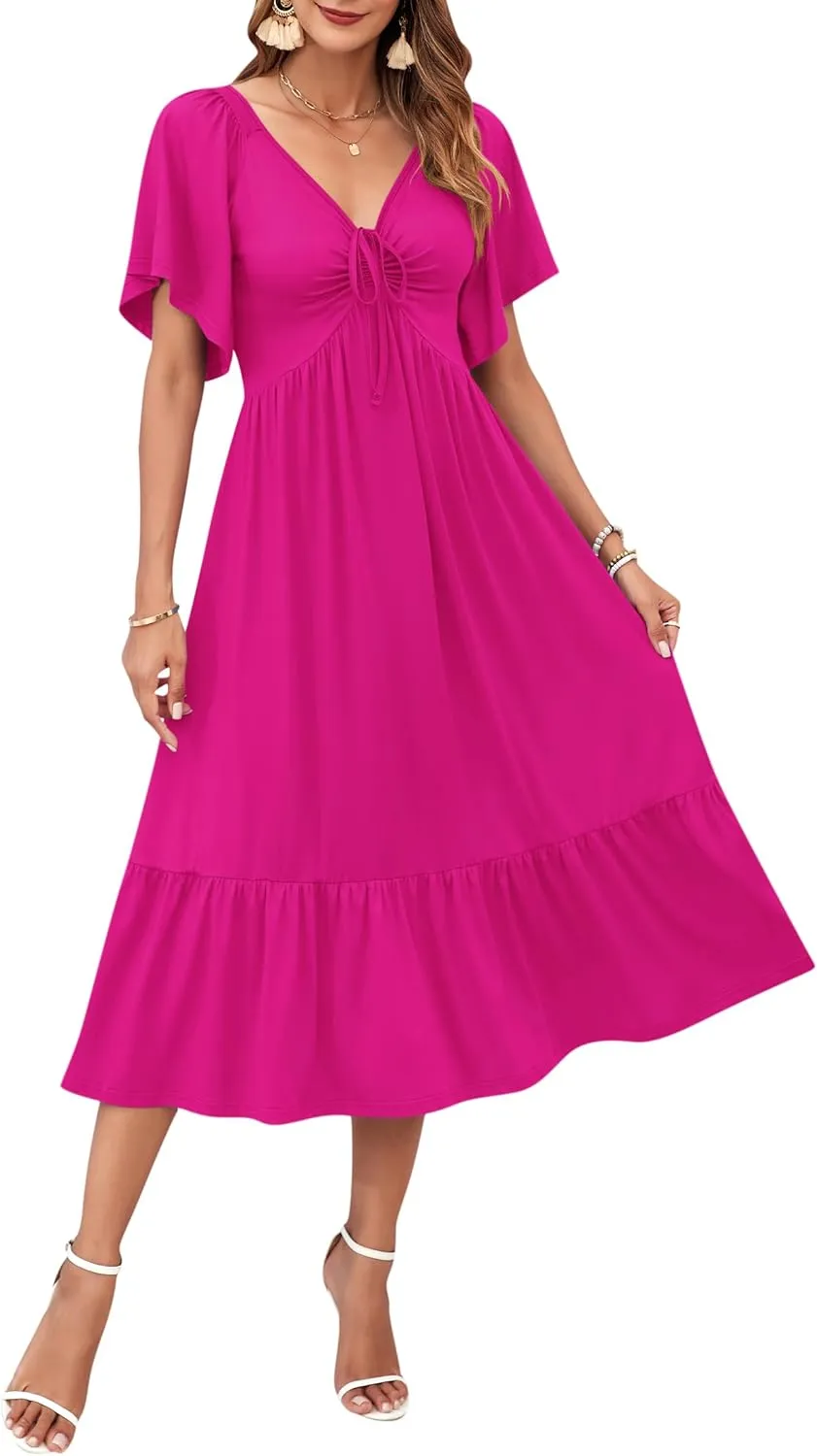 AUSELILY Women's 2025 New Summer Empire Waist Dress Drawstring Pleating Flutter Short Sleeve V Neck Midi Dresses