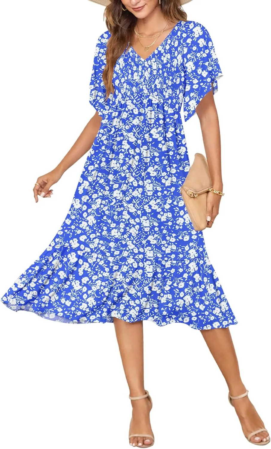 AUSELILY Women's Summer Empire Waist Dress Smocked Flutter Short Sleeve V Neck Midi Dresses 2025 New