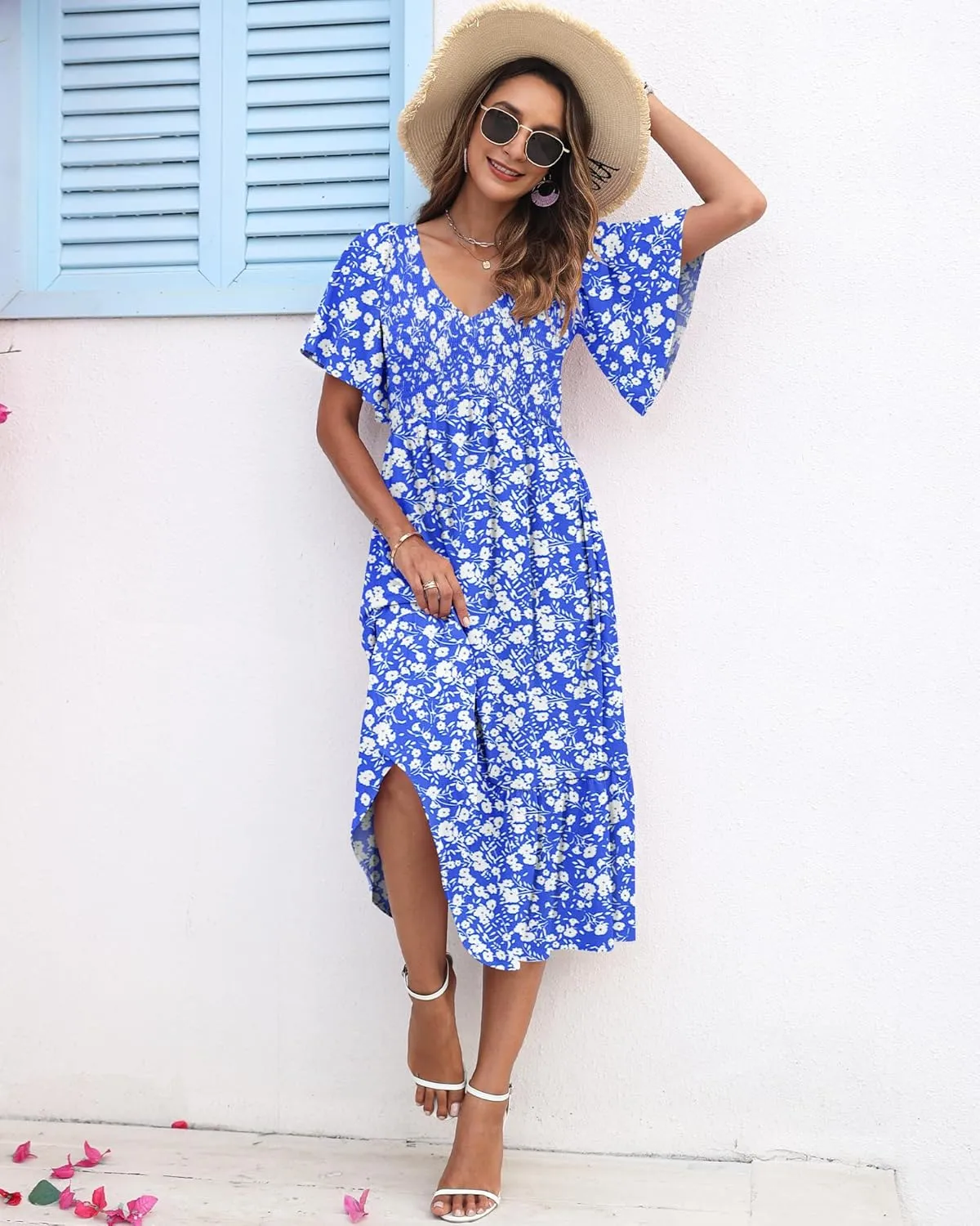 AUSELILY Women's Summer Empire Waist Dress Smocked Flutter Short Sleeve V Neck Midi Dresses 2025 New