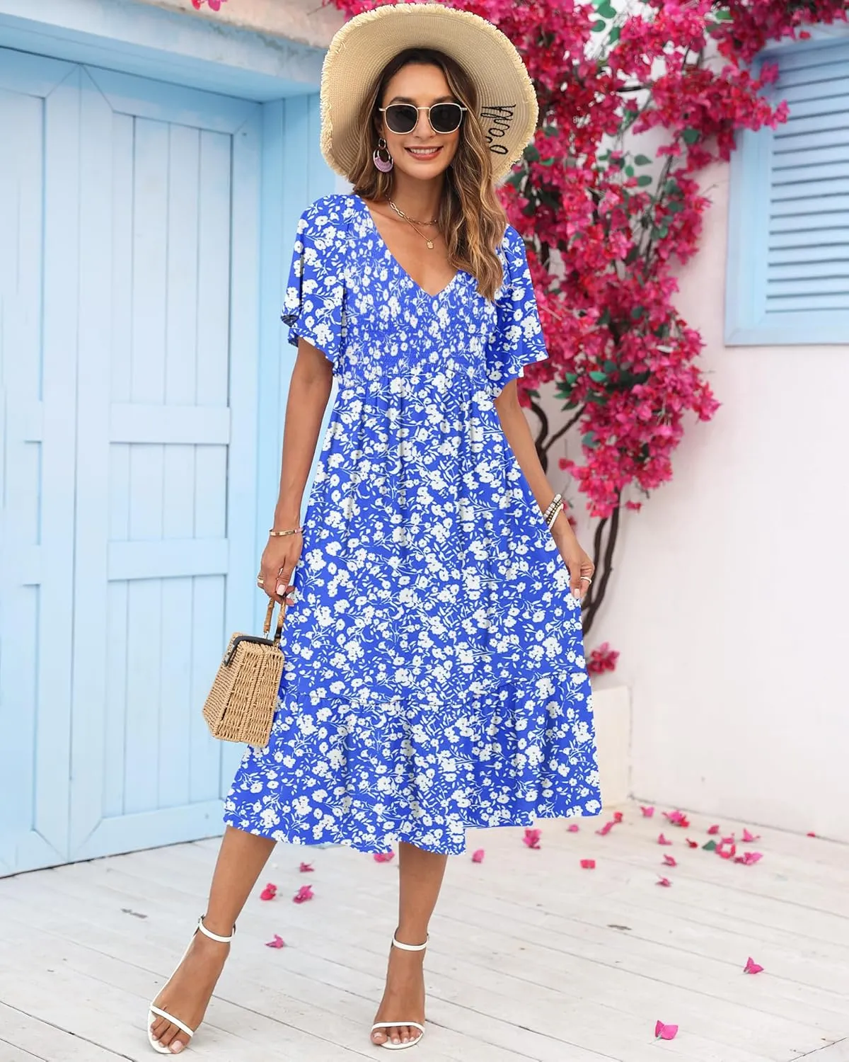 AUSELILY Women's Summer Empire Waist Dress Smocked Flutter Short Sleeve V Neck Midi Dresses 2025 New