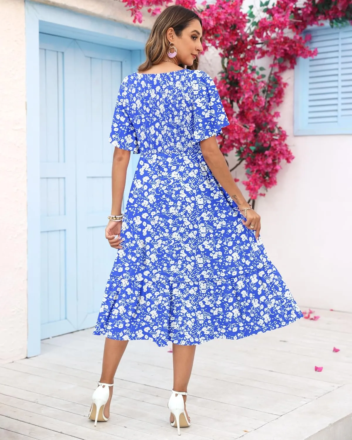 AUSELILY Women's Summer Empire Waist Dress Smocked Flutter Short Sleeve V Neck Midi Dresses 2025 New