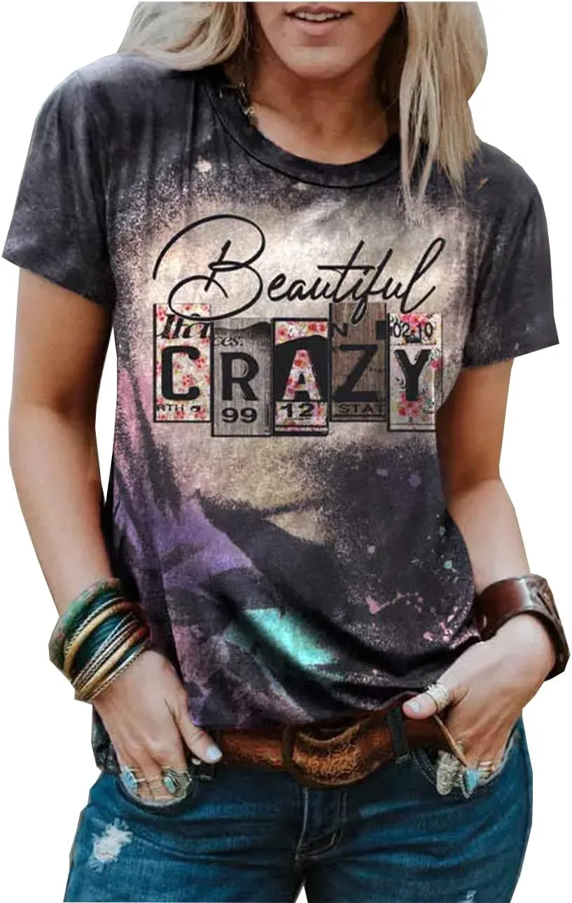 Beautiful Crazy Leopard Bleached T-Shirt Women Western Country Music Shirt Vintage Graphic Country Concert Tee Tops