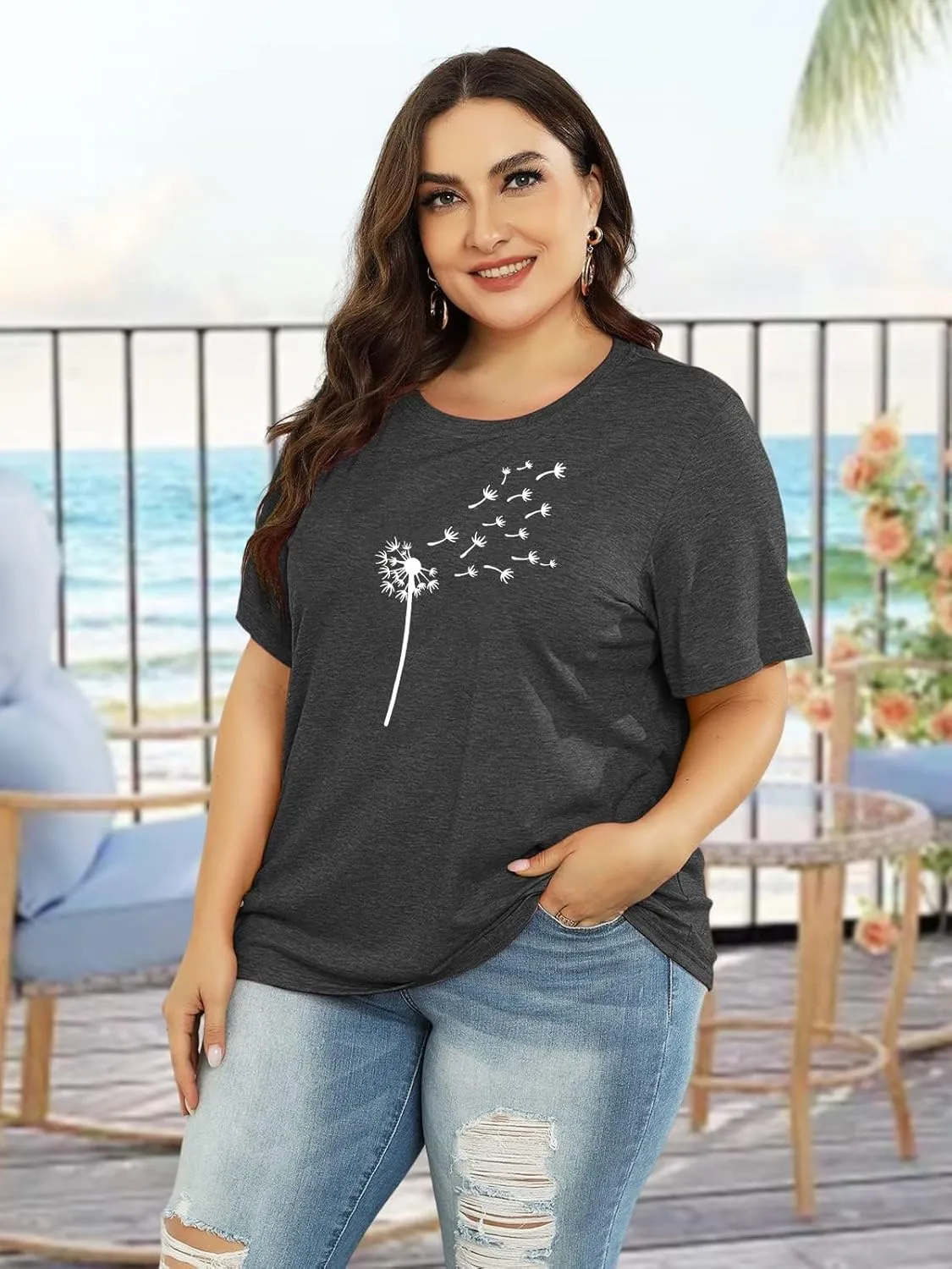 Binshre Plus Size Tops for Women Cute Graphic Tees Loose Fit Flower Printing Short Sleeve Crew Neck T Shirts