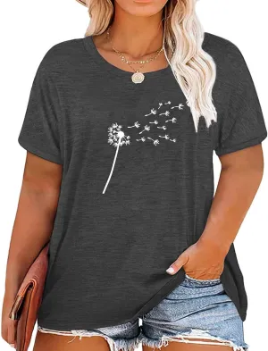 Binshre Plus Size Tops for Women Cute Graphic Tees Loose Fit Flower Printing Short Sleeve Crew Neck T Shirts