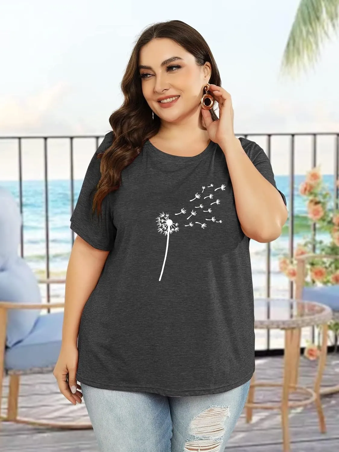 Binshre Plus Size Tops for Women Cute Graphic Tees Loose Fit Flower Printing Short Sleeve Crew Neck T Shirts