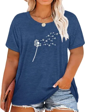 Binshre Plus Size Tops for Women Cute Graphic Tees Loose Fit Flower Printing Short Sleeve Crew Neck T Shirts