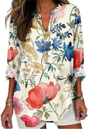 Boho Floral Linen Shirt for Women V Neck Long Sleeve Blouse Vintage Printed Casual Loose Fit Fall Tunic Tops