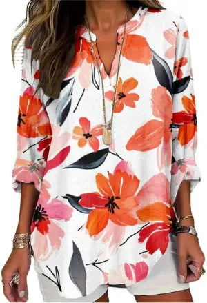 Boho Floral Linen Shirt for Women V Neck Long Sleeve Blouse Vintage Printed Casual Loose Fit Fall Tunic Tops