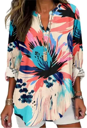 Boho Floral Linen Shirt for Women V Neck Long Sleeve Blouse Vintage Printed Casual Loose Fit Fall Tunic Tops