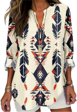 Boho Floral Linen Shirt for Women V Neck Long Sleeve Blouse Vintage Printed Casual Loose Fit Fall Tunic Tops