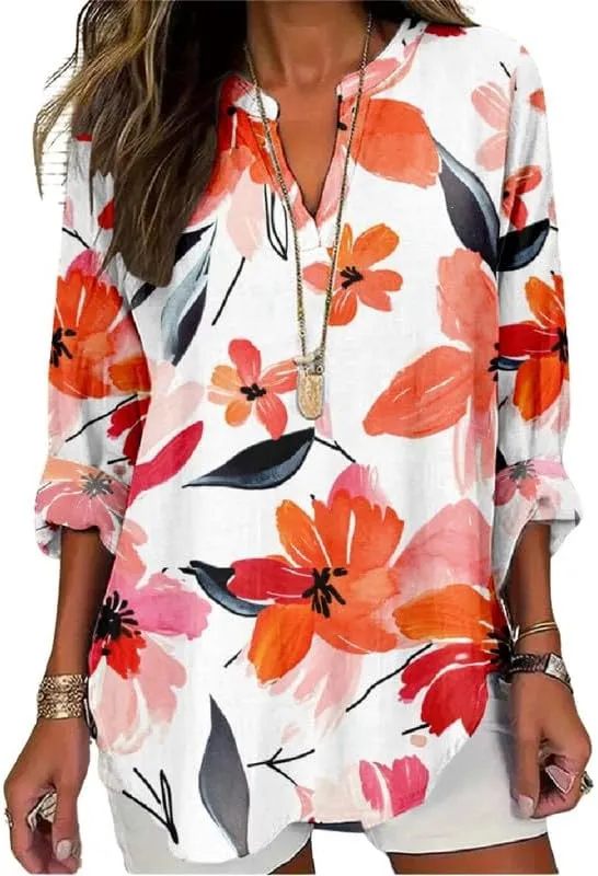 Boho Floral Linen Shirt for Women V Neck Long Sleeve Blouse Vintage Printed Casual Loose Fit Fall Tunic Tops