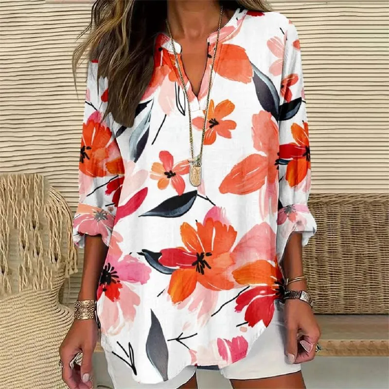 Boho Floral Linen Shirt for Women V Neck Long Sleeve Blouse Vintage Printed Casual Loose Fit Fall Tunic Tops