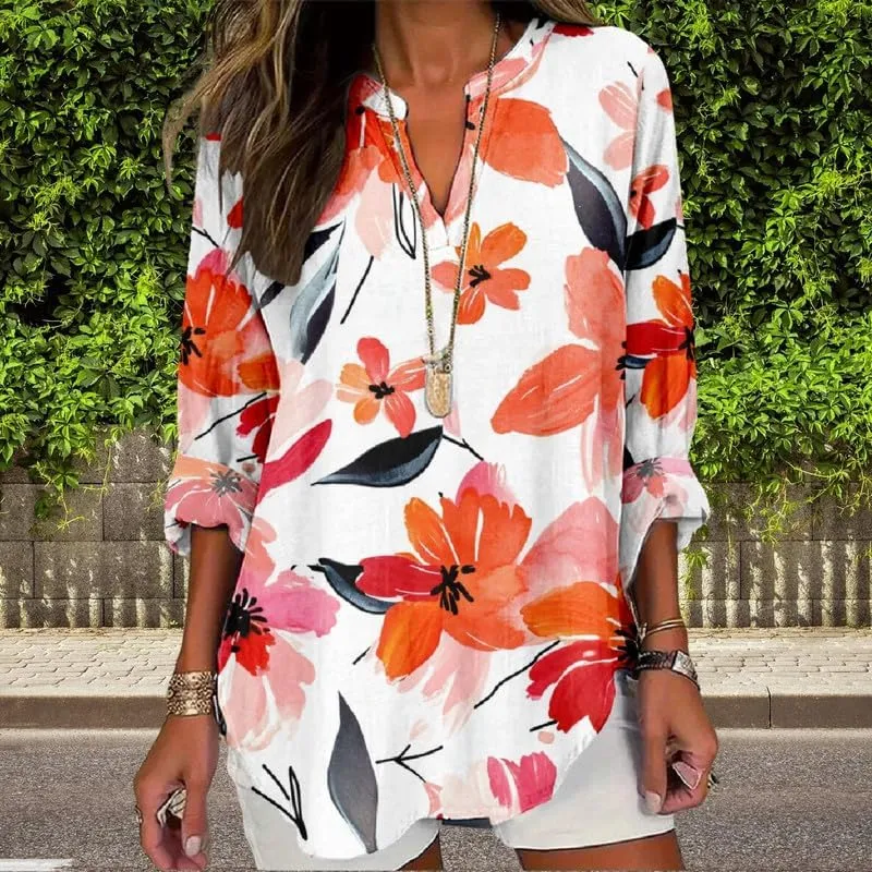 Boho Floral Linen Shirt for Women V Neck Long Sleeve Blouse Vintage Printed Casual Loose Fit Fall Tunic Tops