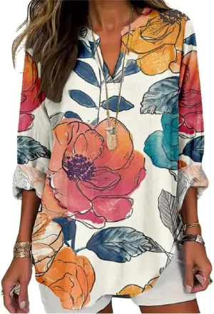 Boho Floral Linen Shirt for Women V Neck Long Sleeve Blouse Vintage Printed Casual Loose Fit Fall Tunic Tops