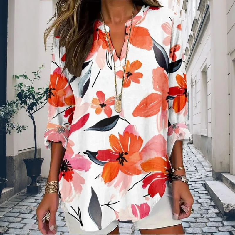 Boho Floral Linen Shirt for Women V Neck Long Sleeve Blouse Vintage Printed Casual Loose Fit Fall Tunic Tops