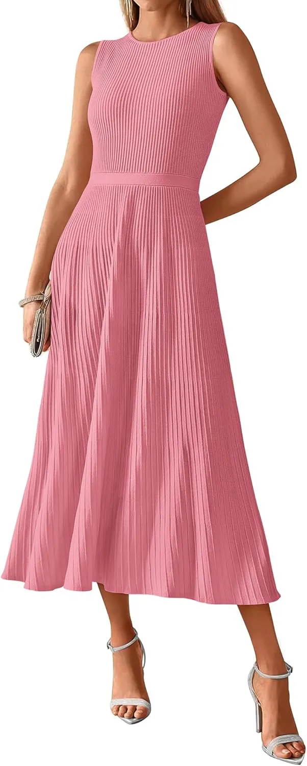 BTFBM Women's Midi Bodycon Tank Dress Summer Crewneck Rib Knit Sleeveless Pleated Swing A Line Business Casual Dresses