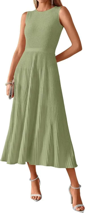 BTFBM Women's Midi Bodycon Tank Dress Summer Crewneck Rib Knit Sleeveless Pleated Swing A Line Business Casual Dresses