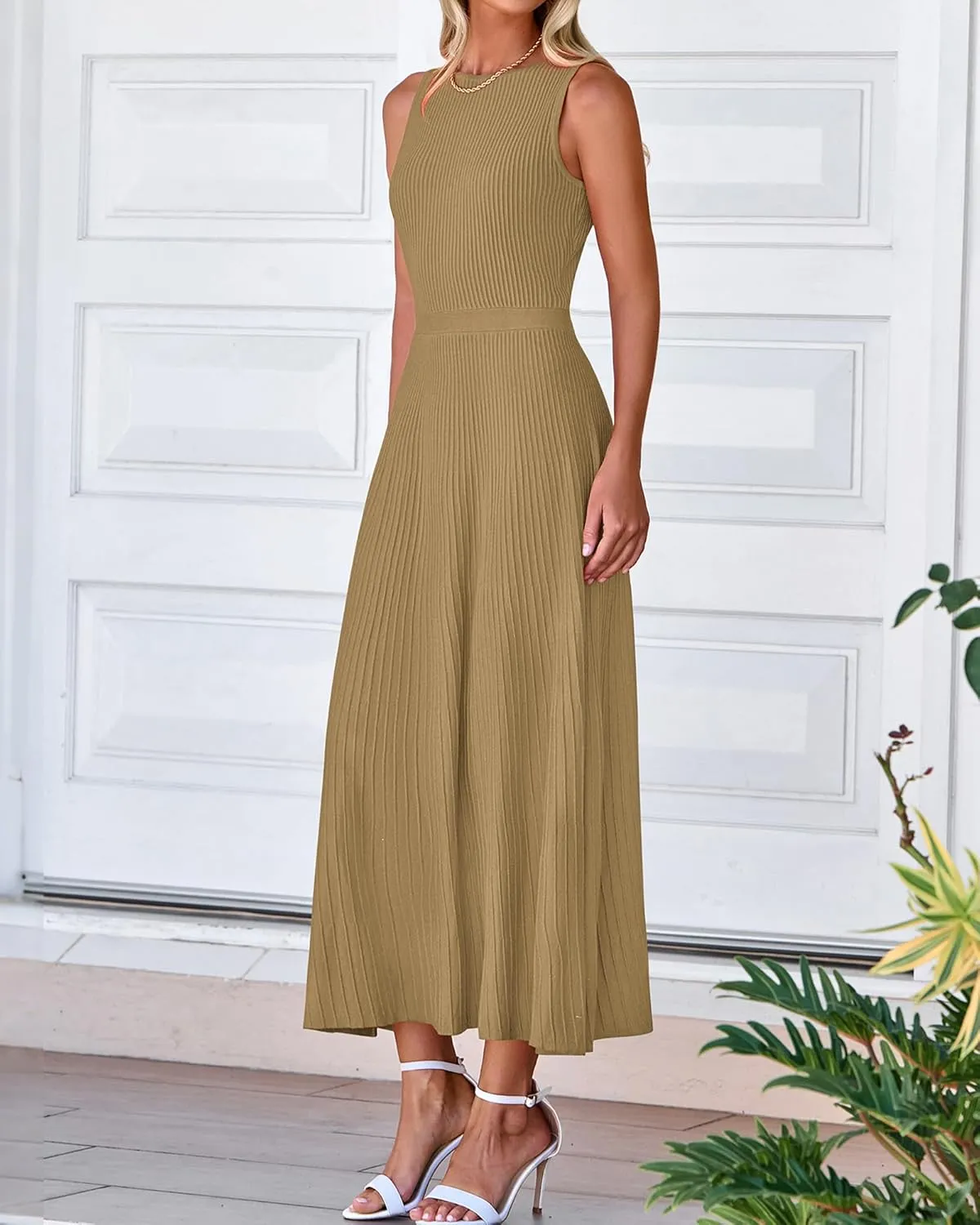 BTFBM Women's Midi Bodycon Tank Dress Summer Crewneck Rib Knit Sleeveless Pleated Swing A Line Business Casual Dresses