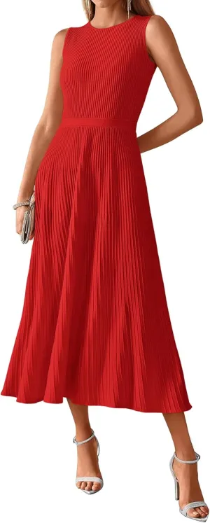 BTFBM Women's Midi Bodycon Tank Dress Summer Crewneck Rib Knit Sleeveless Pleated Swing A Line Business Casual Dresses