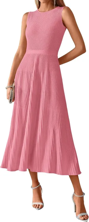 BTFBM Women's Midi Bodycon Tank Dress Summer Crewneck Rib Knit Sleeveless Pleated Swing A Line Business Casual Dresses
