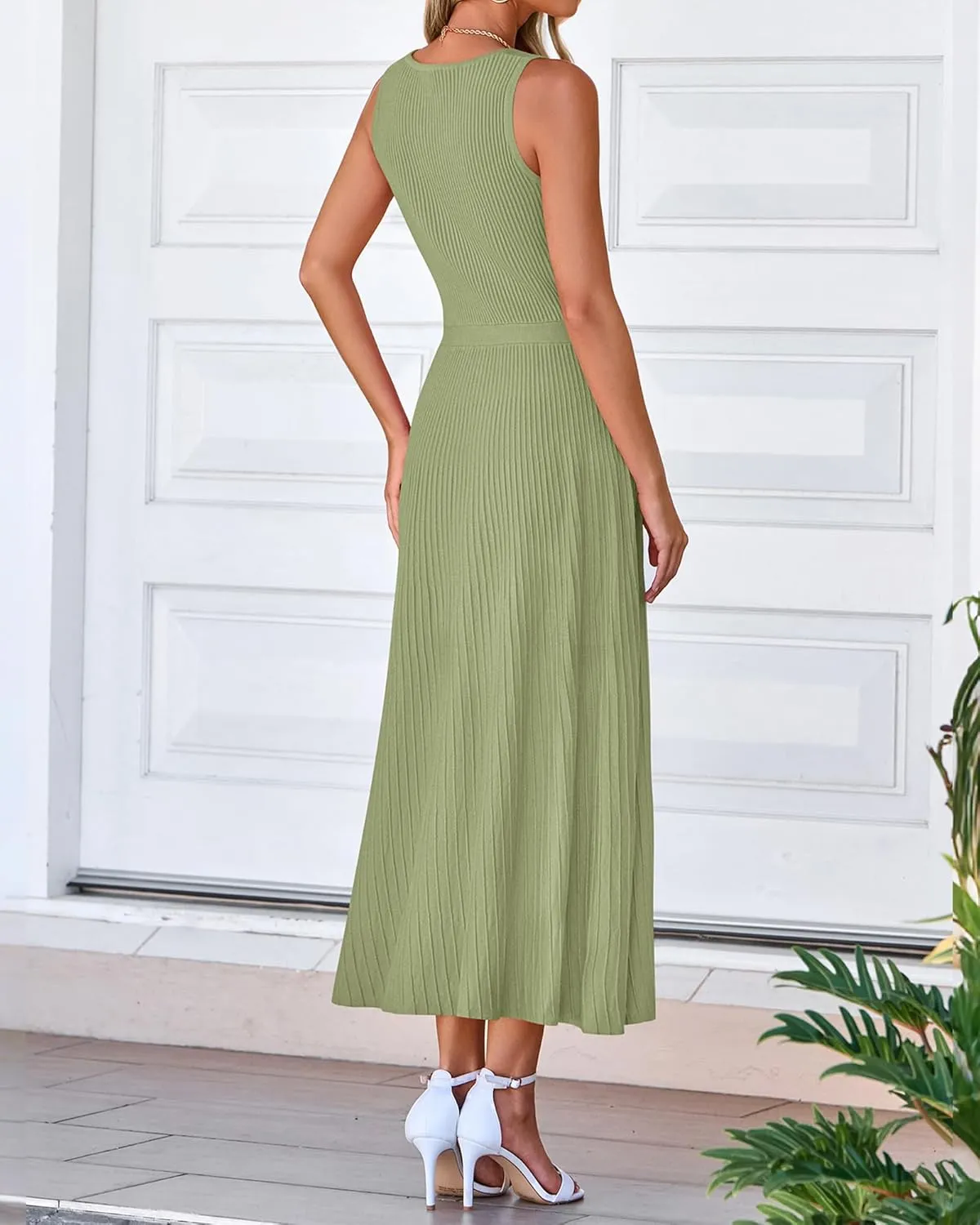 BTFBM Women's Midi Bodycon Tank Dress Summer Crewneck Rib Knit Sleeveless Pleated Swing A Line Business Casual Dresses