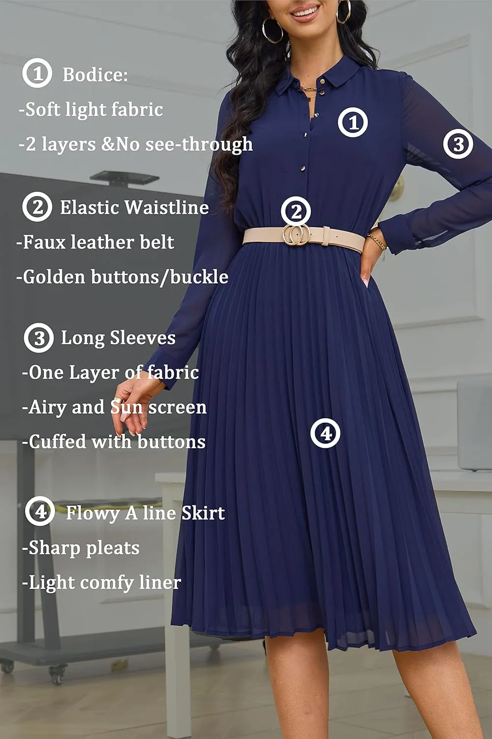 Business Casual Shirt Dress for Women Long Sleeves Pleated Midi Dresses with Belt