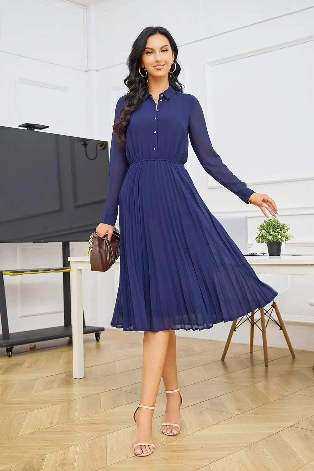 Business Casual Shirt Dress for Women Long Sleeves Pleated Midi Dresses with Belt