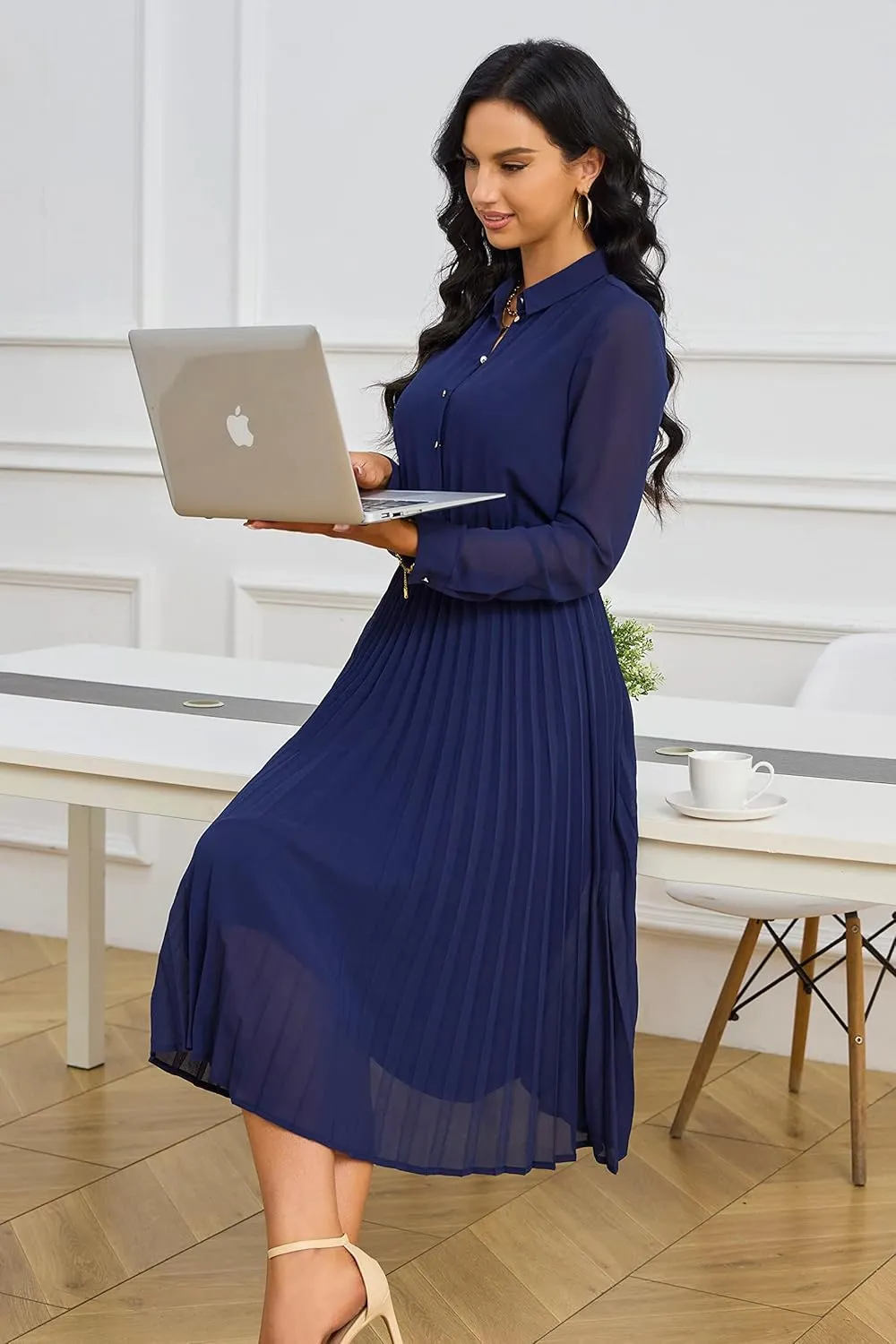 Business Casual Shirt Dress for Women Long Sleeves Pleated Midi Dresses with Belt