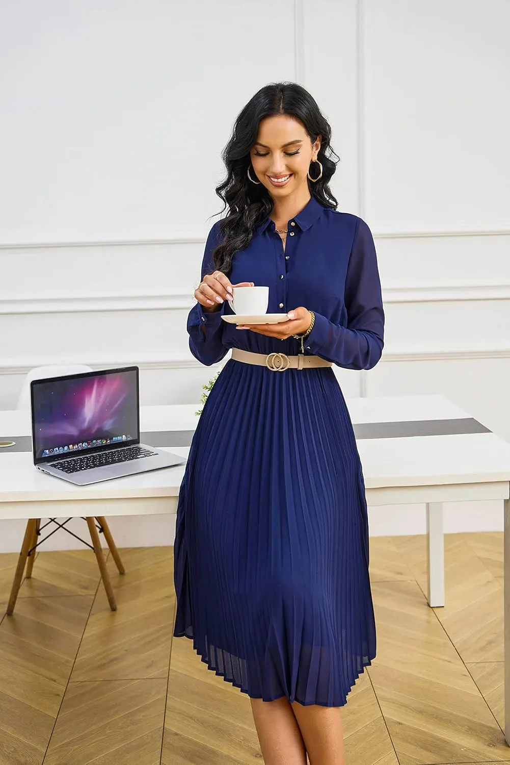 Business Casual Shirt Dress for Women Long Sleeves Pleated Midi Dresses with Belt