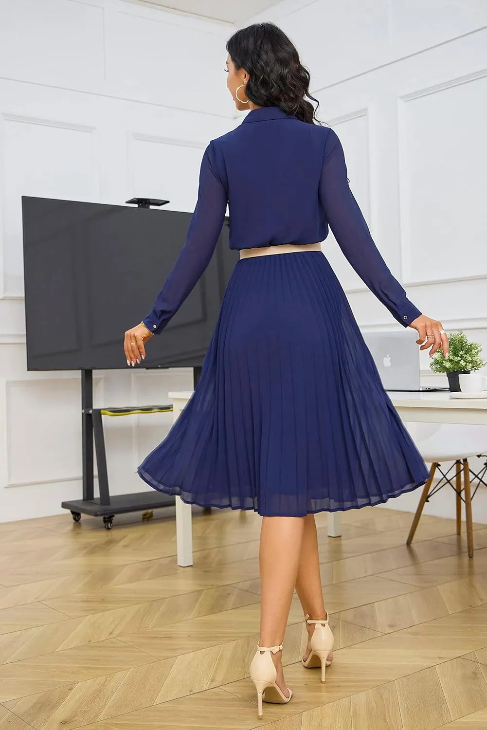 Business Casual Shirt Dress for Women Long Sleeves Pleated Midi Dresses with Belt