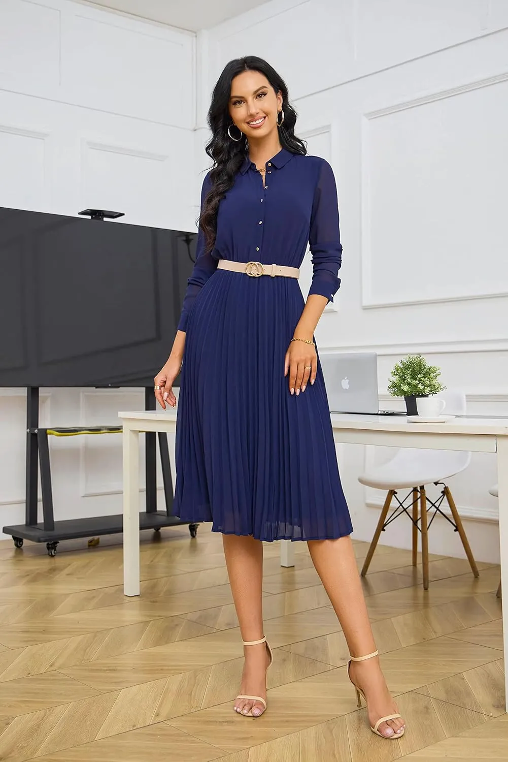 Business Casual Shirt Dress for Women Long Sleeves Pleated Midi Dresses with Belt